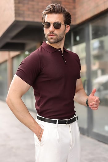 Mürdüm Çıt Kapamalı Polo Yaka Triko Erkek Tişört E7493
