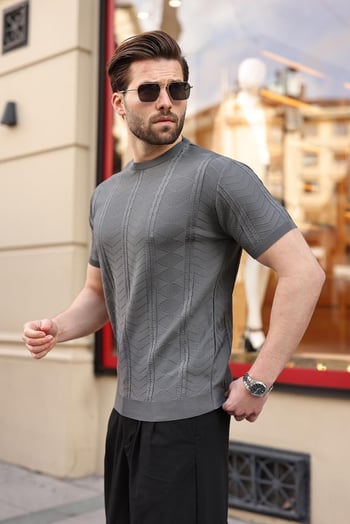 Antrasit Bisiklet Yaka Slim Fit Triko Erkek Tişört E7466