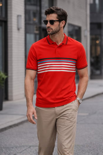 Kırmızı Çizgili Polo Yaka Tişört 5869