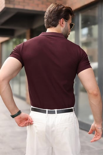 Mürdüm Çıt Kapamalı Polo Yaka Triko Erkek Tişört E7493