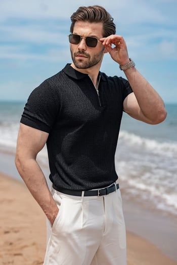 Siyah Regular Fit Polo Yaka Triko Erkek Tişört E7503