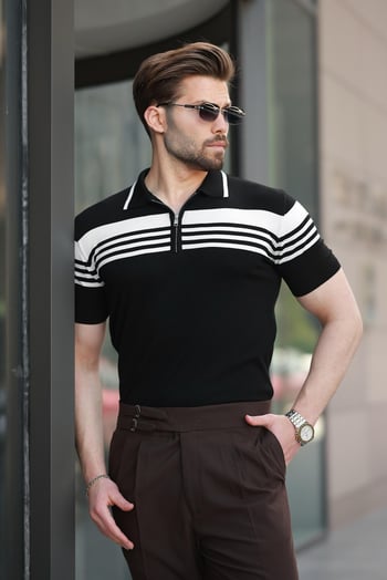 Siyah Fermuarlı Polo Yaka Erkek Triko T-shirt E7407