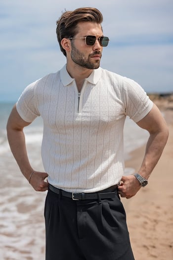 Ekru Regular Fit Polo Yaka Triko Erkek Tişört E7503