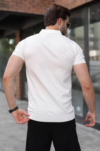 Beyaz Regular Fit Polo Yaka Triko Erkek Tişört E7502