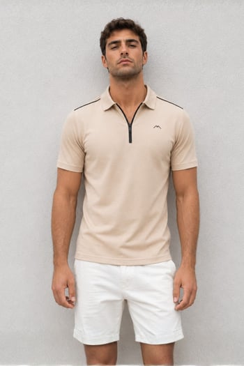 Erkek Bej Basic Fermuarlı Polo Tişört 6076