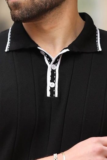 Siyah Düğmeli Polo Yaka Triko Erkek Tişört E7408