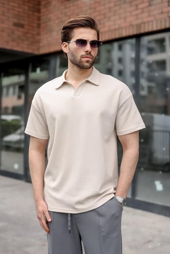 Taş Rengi Polo Yaka Oversize Erkek Tişört E7185