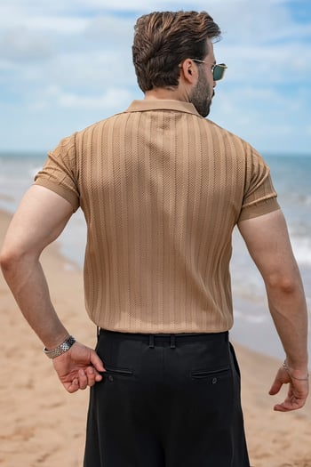 Camel Yarım Fermuarlı Polo Yaka Erkek Triko Tişört E7458