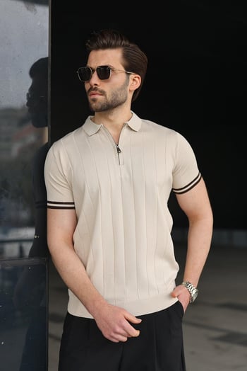 Madmext Erkek Taş Rengi Polo Yaka Fermuarlı Tişört 6876