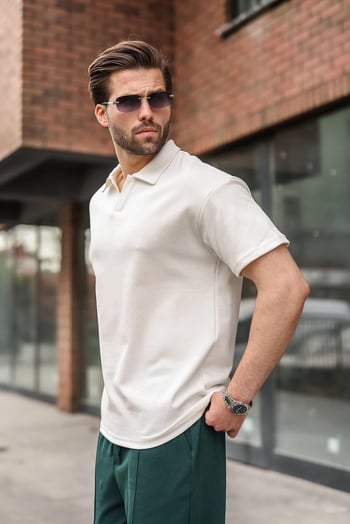 Ekru Polo Yaka Oversize Erkek Tişört E7185