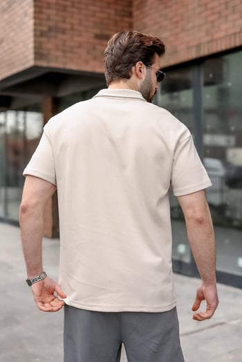 Taş Rengi Polo Yaka Oversize Erkek Tişört E7185