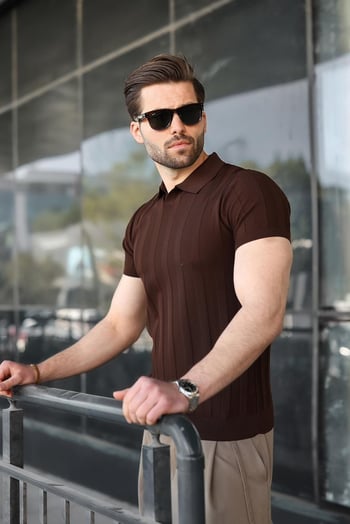 Kahverengi Slim Fit Polo Yaka Triko Erkek Tişört E7491