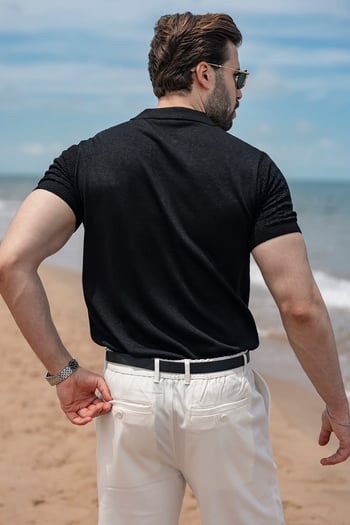 Siyah Regular Fit Polo Yaka Triko Erkek Tişört E7503