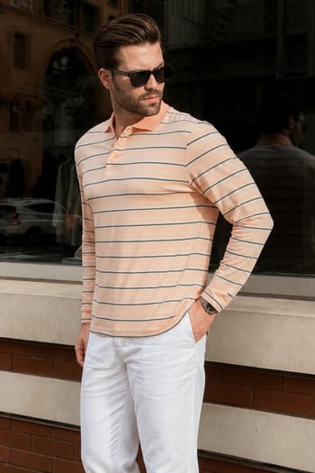 Pudra Regular Fit Çizgili Polo Yaka Erkek Tişört E7192