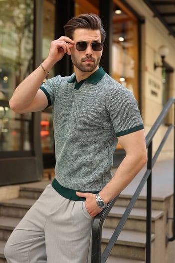 Nefti Yeşili Polo Yaka Regular Fit Erkek Triko Tişört E7496
