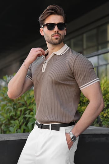 Açık Kahverengi Yarım Fermuarlı Polo Yaka Triko Erkek Tişört E7501