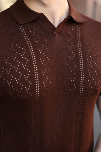 Kahverengi Delikli Polo Yaka Erkek Triko Tişört E7495