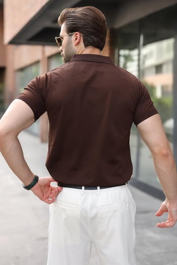Kahverengi Regular Fit Polo Yaka Triko Erkek Tişört E7502