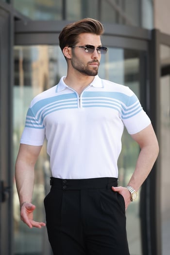 Beyaz Fermuarlı Polo Yaka Erkek Triko T-shirt E7407
