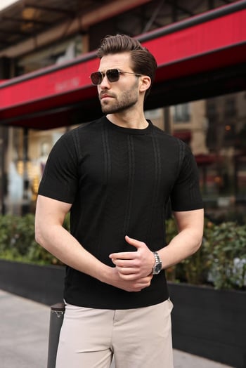 Siyah Bisiklet Yaka Slim Fit Triko Erkek Tişört E7466