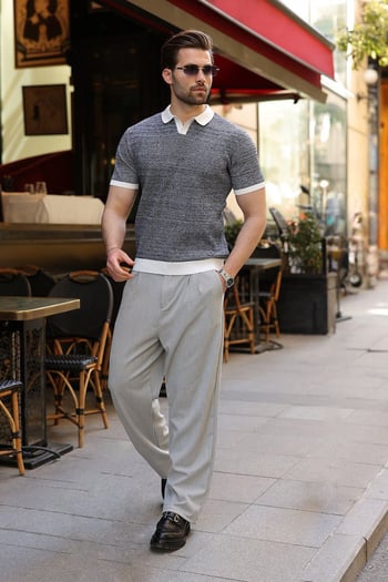 Beyaz Polo Yaka Regular Fit Erkek Triko Tişört E7496