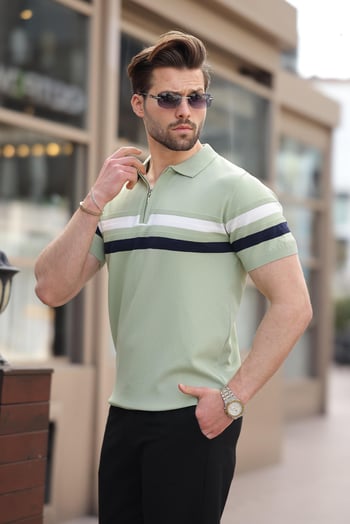 Çağla Yeşili Fermuarlı Polo Yaka Triko Erkek T-shirt E7299