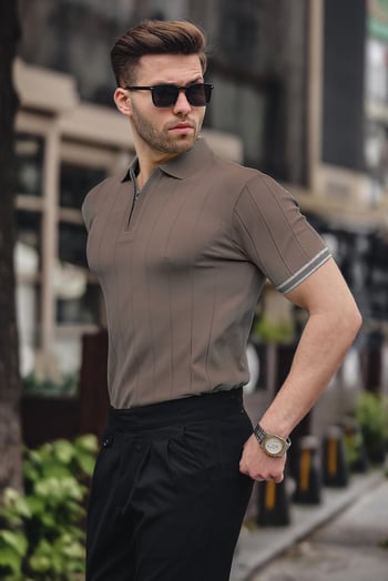 Madmext Erkek Açık Kahverengi Polo Yaka Fermuarlı Tişört 6876
