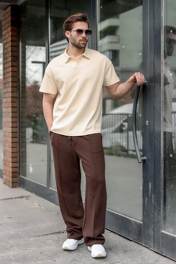 Bej Polo Yaka Oversize Erkek Tişört E7185