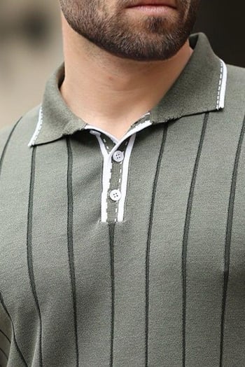 Haki  Desenli Düğmeli Polo Yaka Erkek Tişört E7408