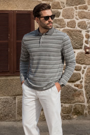 Gri Regular Fit Çizgili Polo Yaka Erkek Tişört E7192