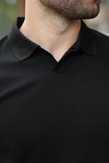 Siyah Regular Fit Polo Yaka Triko Erkek Tişört E7502