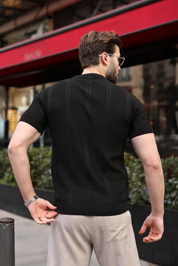 Siyah Bisiklet Yaka Slim Fit Triko Erkek Tişört E7466