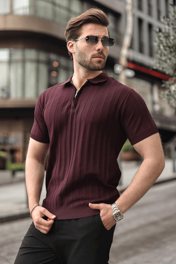 Bordo Yarım Fermuarlı Polo Yaka Erkek Triko Tişört E7458