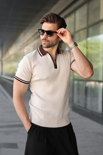 Taş Rengi Yarım Fermuarlı Polo Yaka Triko Erkek Tişört E7501