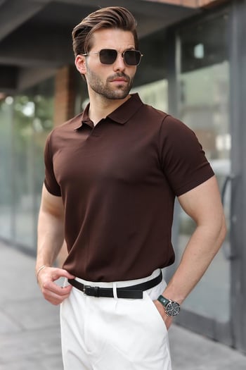 Kahverengi Regular Fit Polo Yaka Triko Erkek Tişört E7502