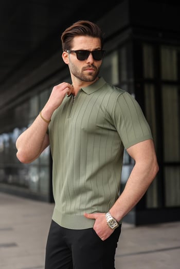 Madmext Haki Polo Yaka Fermuarlı Erkek T-shirt E7298