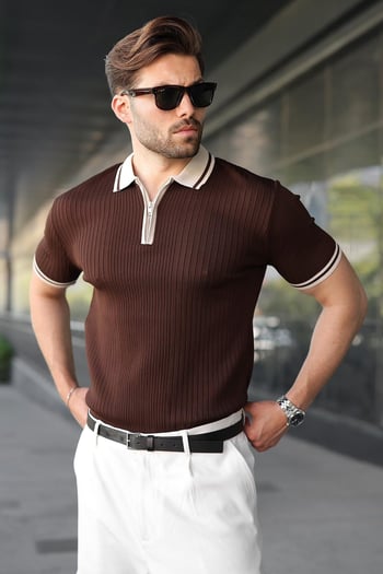 Kahverengi Yarım Fermuarlı Polo Yaka Triko Erkek Tişört E7501