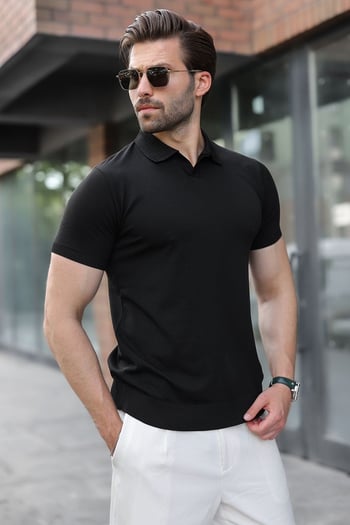 Siyah Regular Fit Polo Yaka Triko Erkek Tişört E7502