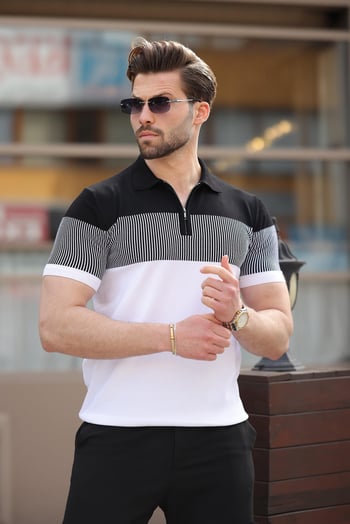 Beyaz Renk Bloklu Polo Yaka Triko Erkek T-shirt E7409