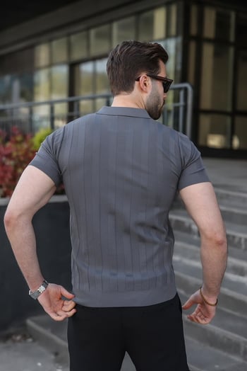 Antrasit Slim Fit Polo Yaka Triko Erkek Tişört E7491