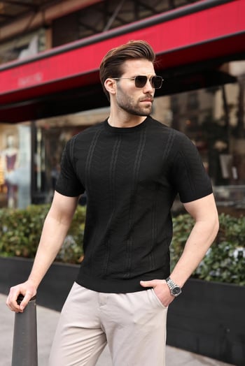 Siyah Bisiklet Yaka Slim Fit Triko Erkek Tişört E7466