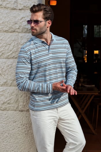 Mavi Regular Fit Çizgili Polo Yaka Erkek Tişört E7192
