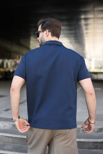 Lacivert Yarım Fermuar Detaylı Polo Yaka Erkek Tişört E7184