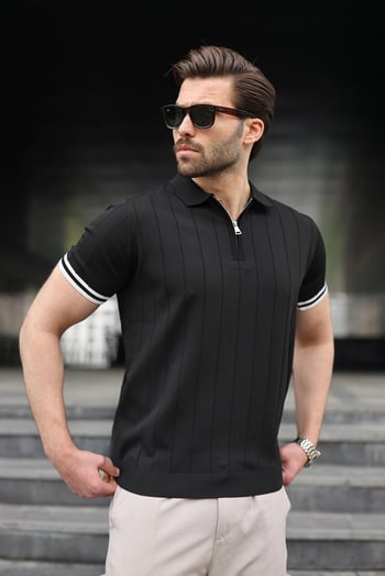 Madmext Erkek Siyah Polo Yaka Fermuarlı Tişört 6876