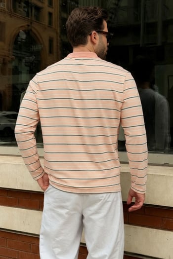 Pudra Regular Fit Çizgili Polo Yaka Erkek Tişört E7192