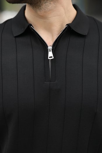 Madmext Erkek Siyah Polo Yaka Fermuarlı Tişört 6876