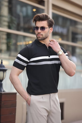 Siyah Fermuarlı Polo Yaka Triko Erkek T-shirt E7299
