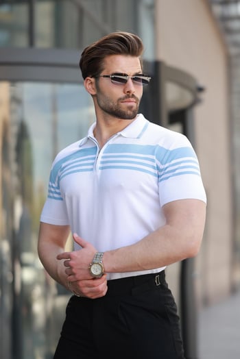 Beyaz Fermuarlı Polo Yaka Erkek Triko T-shirt E7407