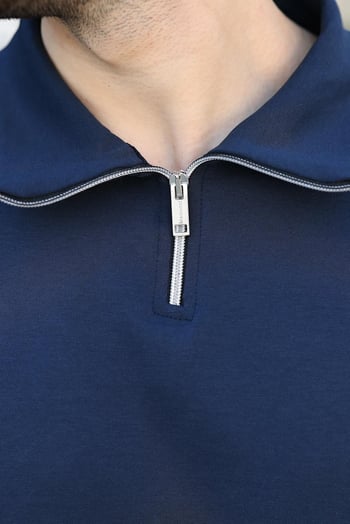 Lacivert Yarım Fermuar Detaylı Polo Yaka Erkek Tişört E7184