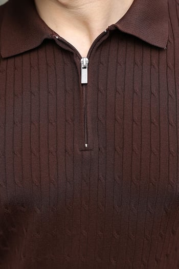 Acı Kahverengi Polo Yaka Örgü Desenli Triko Erkek Tişört E7489